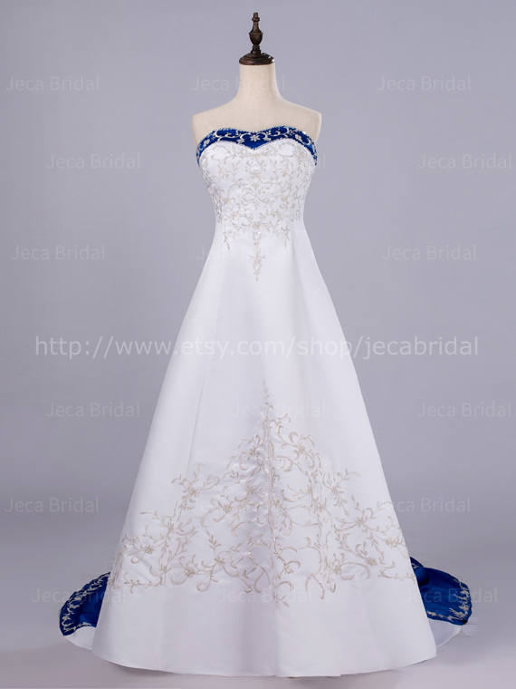White And Royal Blue Wedding Dress Alternative Wedding Dress Embroidered Wedding Dress W80