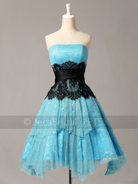 Vintage Inspired Blue & Black Lace Cocktails Graduation Dress Masquerade Outfit Party Dress Bridesmaid Dress